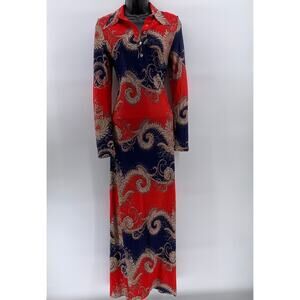 RICHARD SHOPS Women's Red-Navy Dragon Print Henley Long Sleeve Maxi Dress SZ 14